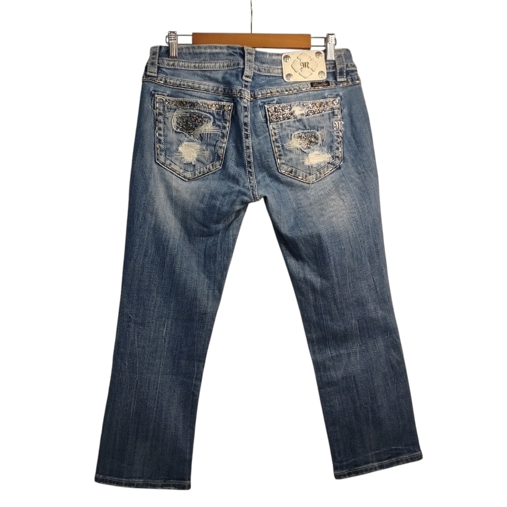 Miss Me Signature Women's Blue Crop Distressed Rhinestones Jeans Size 29 - Picture 2 of 13